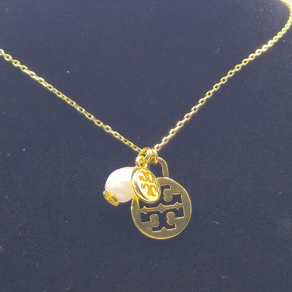 NEW Tory Burch Pearl Logo Charm Pendant Gold Necklace Longer Length Gift NWT - Picture 1 of 3